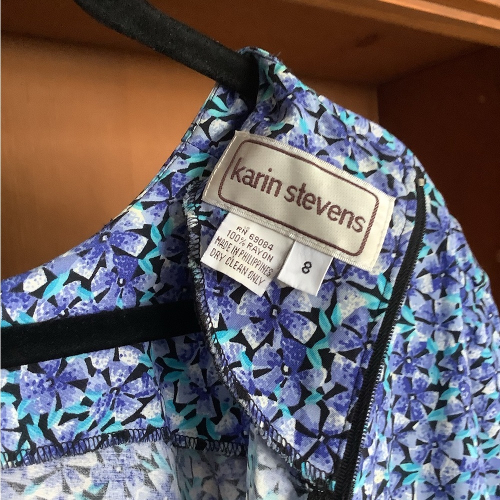 VTG 80s Karin Stevens Blue Floral Midi Dress Size 8 | Prairie Secretary Dress - Picture 13 of 14